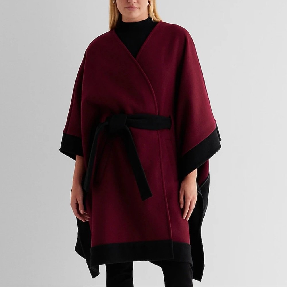 🔥 NWT Express Burgundy Black Belted Colorblock Cape Coat M/L